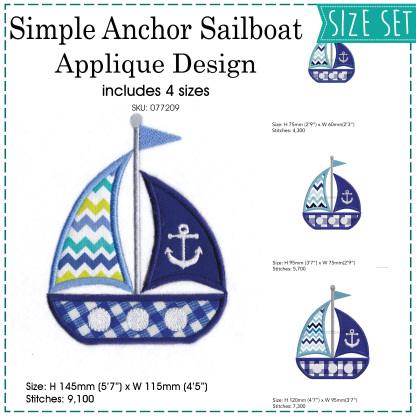 red blue white sailboat 2 sails anchor simple embroidery pattern nautical theme ocean life ships