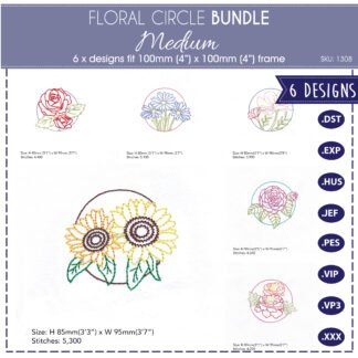 bundle pack medium flowers in circle outlined outline simple single stitch rose cosmos sunflower daisy camellia marigold floral decorative quilt blocks
